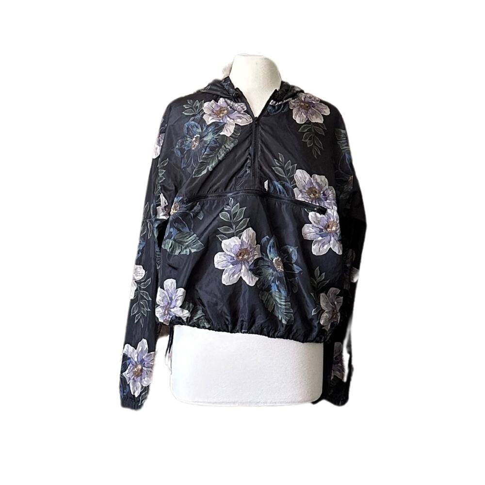 Thread & Supply Black Floral Wind Breaker Rain Coat Kangaroo Pocket U12